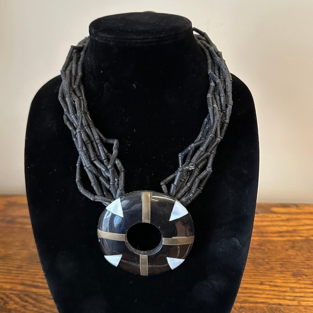 Vtg Multi Strand Beaded Statement Necklace Black Geometric Shell Pendant 22.5"
